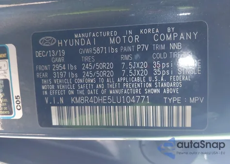 2020 Hyundai Palisade Sel z USA, uszkodzony, nr VIN KM8R4DHE5LU104771